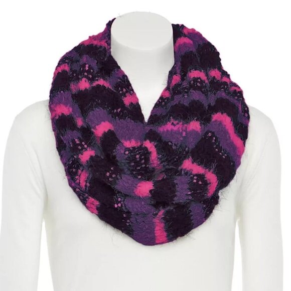 Cuddl Duds Womens Black Purple Striped Chunky Knit Infinity Scarf New - Picture 1 of 9